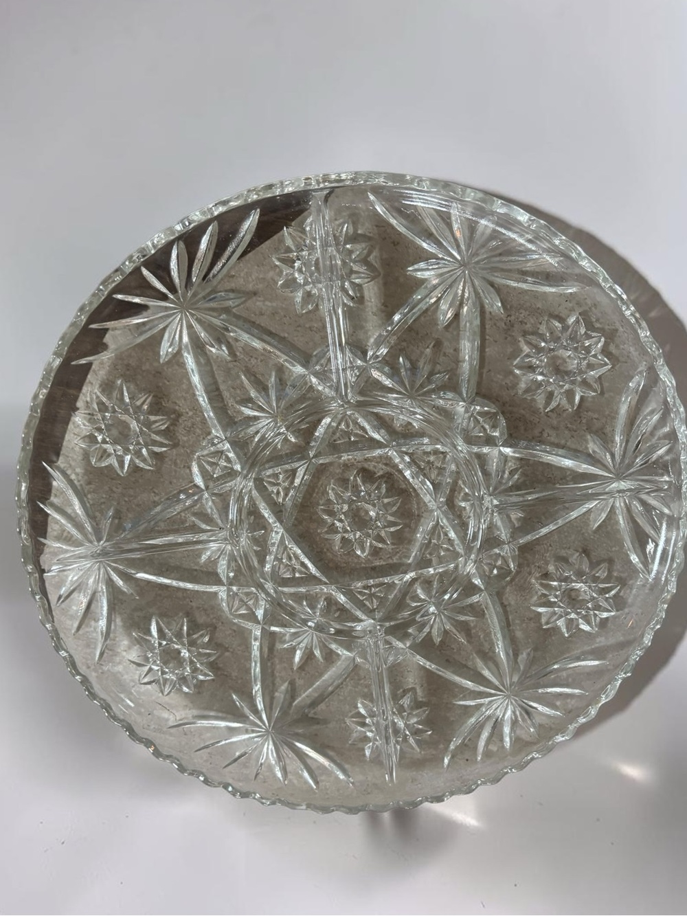 Vintage Cut Glass Divided Relish Tray Dip Bowl 10 Inch Starburst